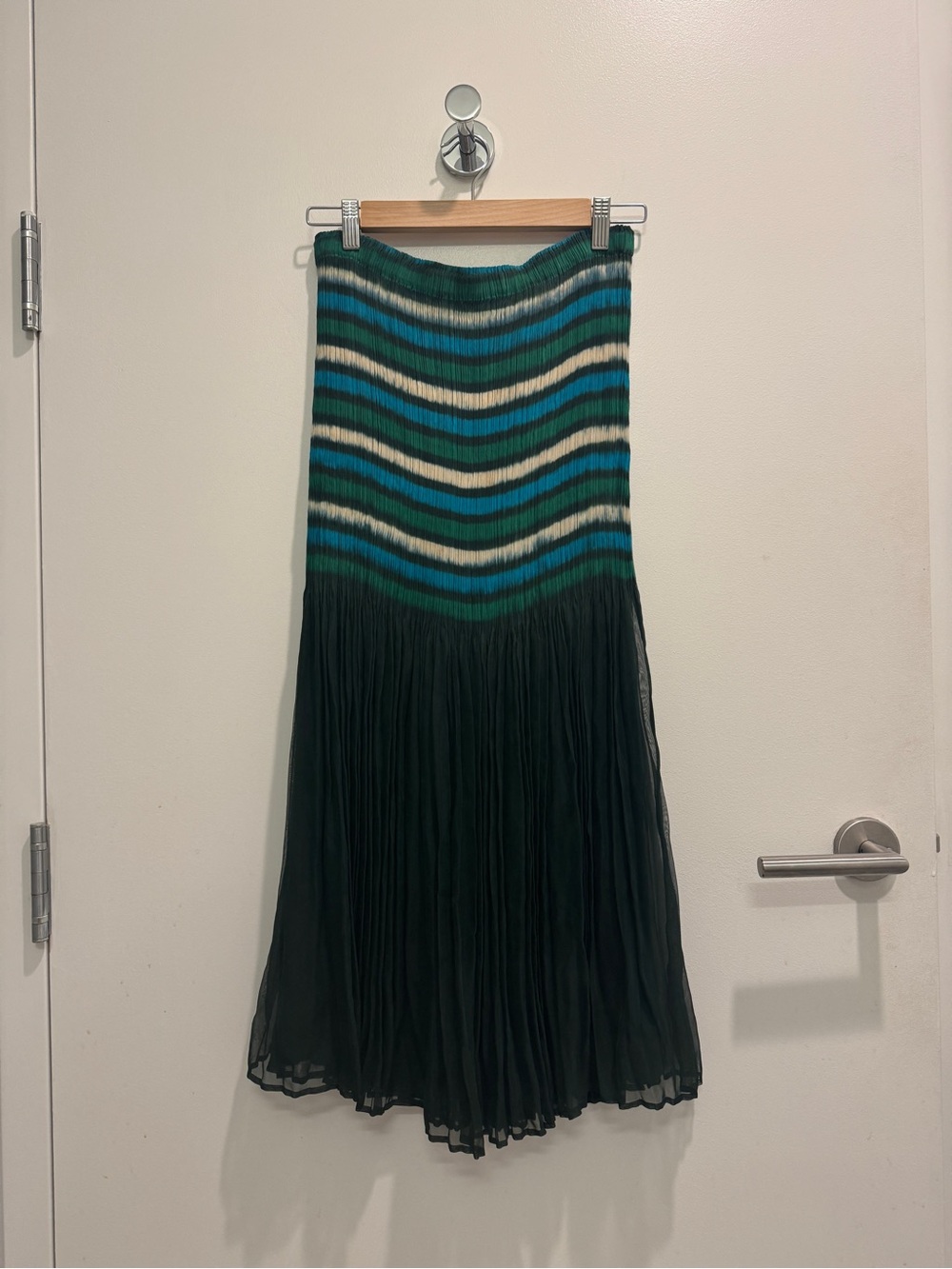Issey Miyake Fete - Green Striped Pleated Midi Skirt